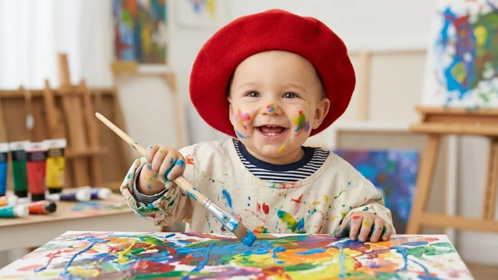 AI-generated baby portrait as a little painter wearing an oversized beret holding a paintbrush with colorful paint splashes on cheeks